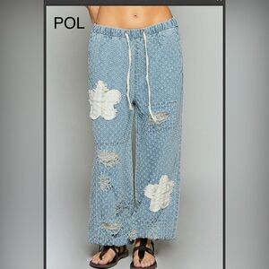 BPB218-5💙🤍POL pretty Distressed Blue Wide-Leg Pants w/jogger bottom-gr8 day2date